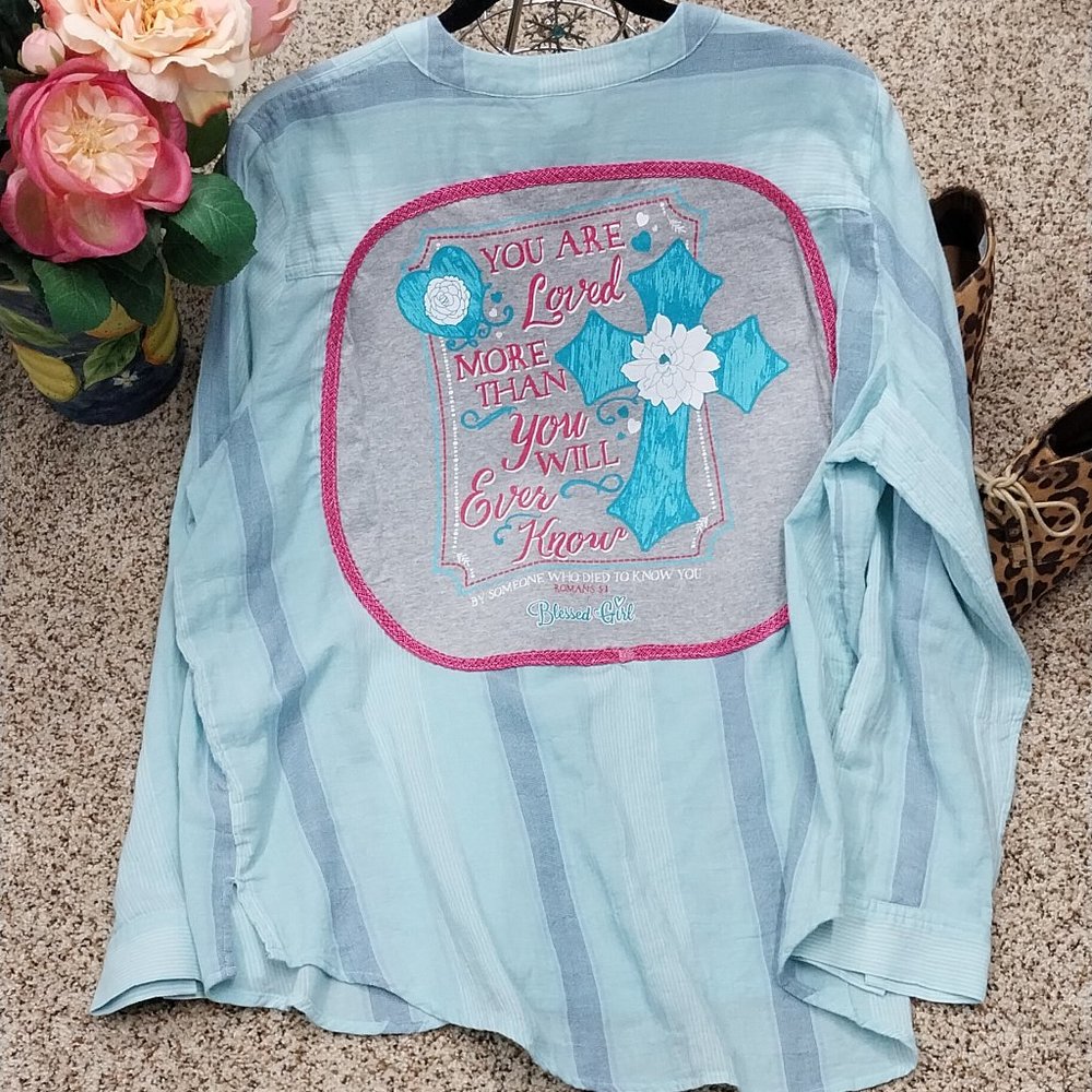 2905 Size XL a.n.a. Blessed Girl Upcycled Green and Blue Button Down Shirt.